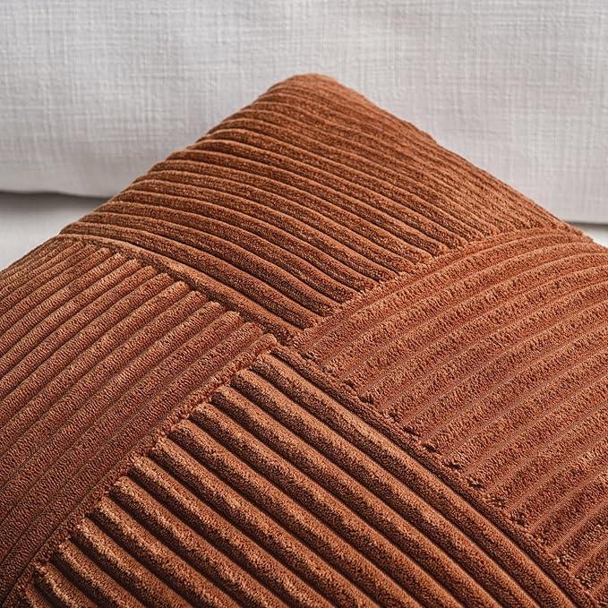 Fancy Homi 2 Packs Rust Lumbar Decorative Throw Pillow Covers 20x28 Inch for Couch Bed Sofa, Rustic Farmhouse Boho Home Decor, Soft Striped Corduroy Rectangle Accent Terracotta Cushion Case 50x70 cm
