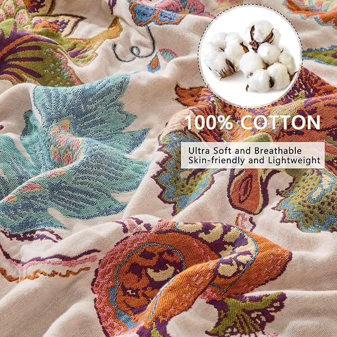 Boho Throw Blanket Reversible Muslin Bohemian Tapestry, Flower Decorated Bohemian Sofa Blanket, Lightweight Breathable 100% Cotton Throw Blanket, Chair Blanket, 50
