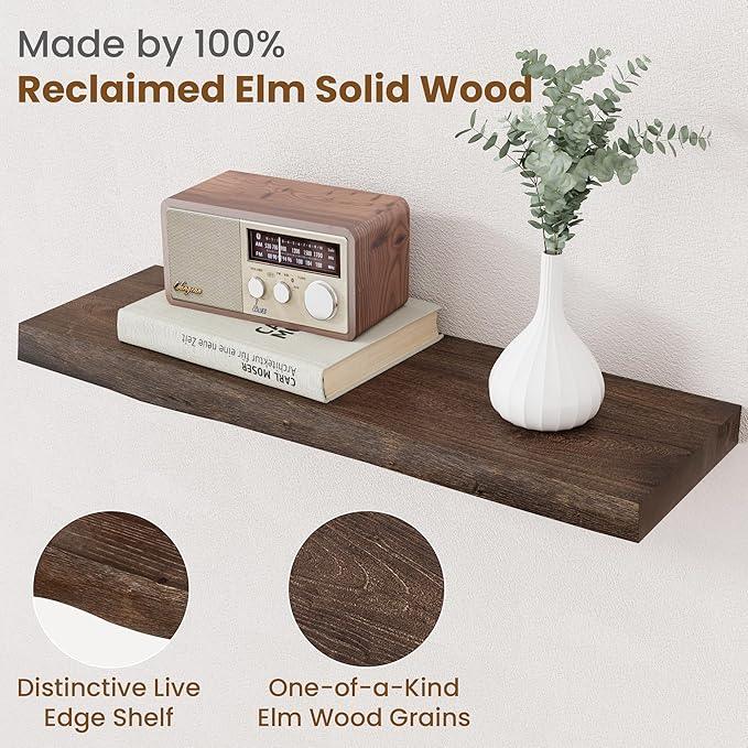 Floating Shelves for Wall Decor, Rustic Solid Elm Wood Live Edge Floating Shelves Wall Mounted, Wall Shelves with Invisible Bracket for Living Room Bathroom Bedroom Kitchen, 24 Inch Set of 2, Walnut