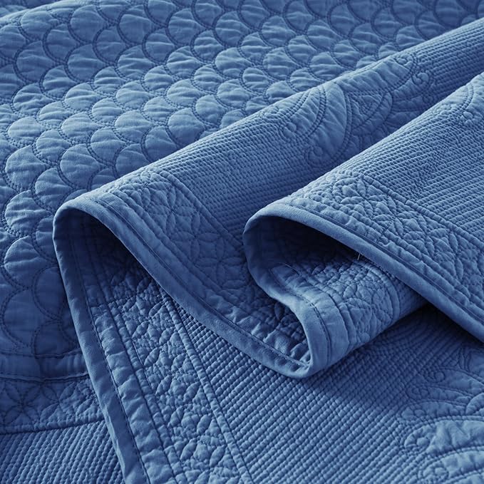 MarCielo 3-Piece 100% Cotton Oversized Bedspread Lightweight Quilt Coverlet Embroidery Farmhouse Bedding Set (TM Midtone Blue, Oversized King (118
