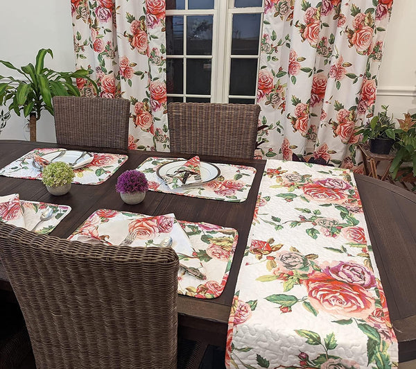 DaDa Bedding Set of 4-Pieces Romantic Roses Pink Floral Quilted Dining Placemats 13” x 19” (879)