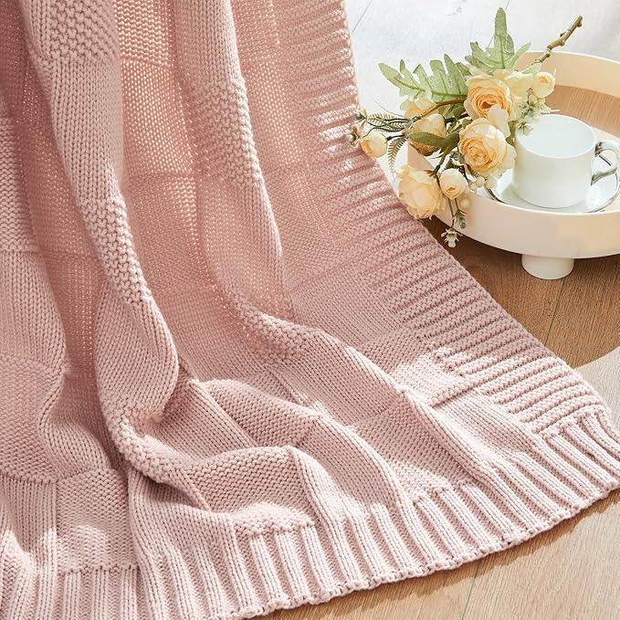 CozeCube Check Knit Throw Blanket, Pink Checkered Throw for Couch, Decorative Christmas Soft Cozy Warm Knitted Blanket for Bed Sofa Living Room, 50