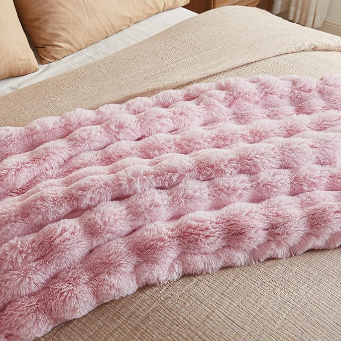 JELLYMONI Faux Fur Throw Blanket, Pink Fuzzy Cozy Plush Bubble Bed Blanket, Thick and Warm King Size (108