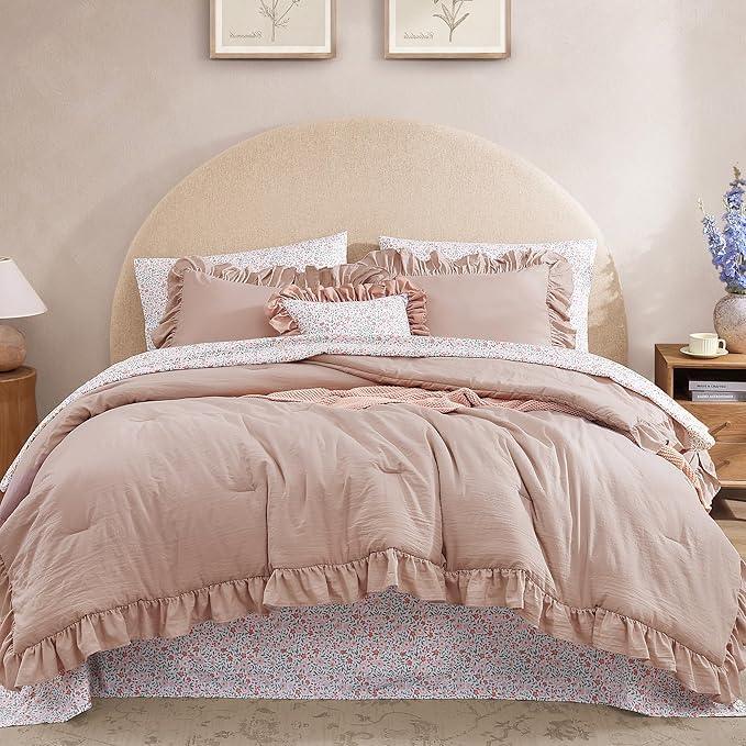 Queen Comforter Set - 7 Pieces Ruffle Pink Bedding Sets, Shabby Chic Farmhouse Bed in a Bag Queen with Ruffle Comforter, Floral Sheets, Pillowcases & Shams