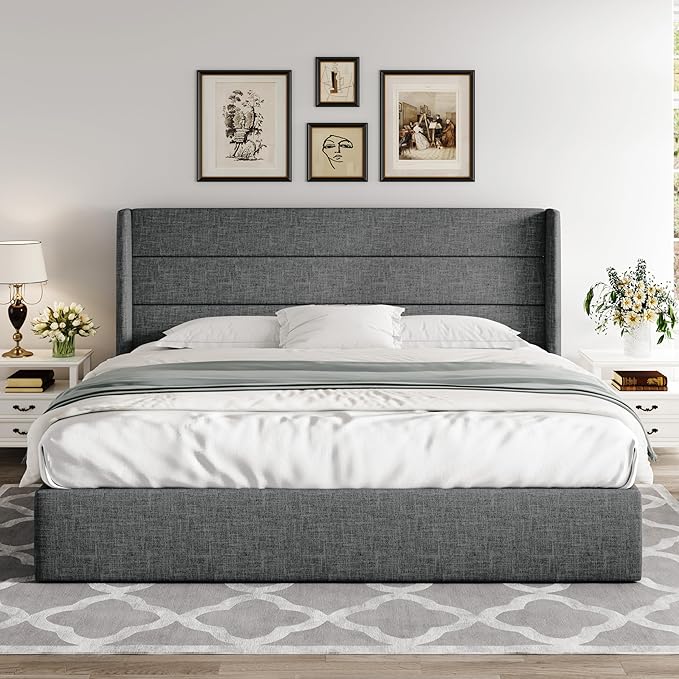 Allewie King Size Lift Up Storage Bed, Modern Wingback Headboard, Hydraulic Support, No Box Spring Needed, Dark Grey