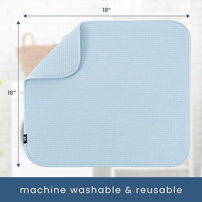 S&T INC. Dish Drying Mat, 16” x 18”, Absorbent Microfiber Kitchen Counter Mat, Dish Drying Pad for Dishes, Utensils, Pots and Pans, Large, Sky Blue