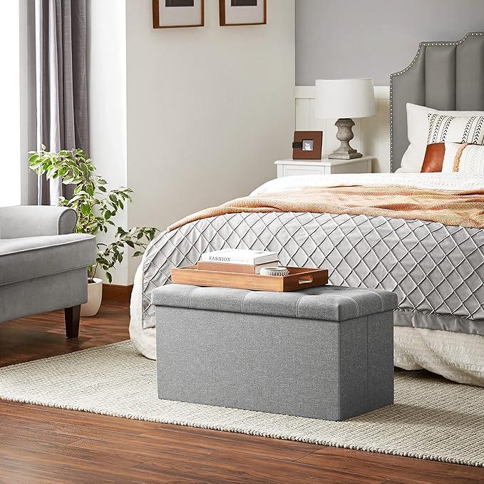 SONGMICS MAZIE Collection - 30 Inches Ottoman Storage Bench, 21 Gal. Folding Chest with Breathable Linen-Look Fabric, Load up to 660 lb, for Entryway, Living Room, Bedroom, Light Gray ULSF001G02