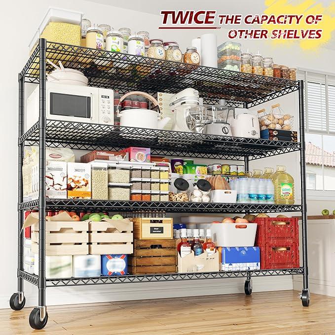 REIBII 55.5''W Storage Shelves 2500LBS Wire Shelving Rack with Wheels 75.6