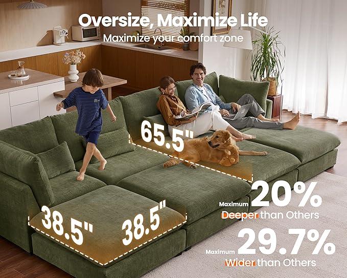 Oversized Modular Sofa, Extra Deep Cloud Chenille Sectional Couch with Ottoman Chaise, Fluffy Chenille 5 Seater Sofa Bed for Living Room, Villa (U Shape 5 Seater, Chenille Green)