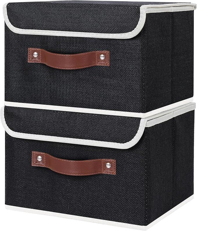 ANMINY 4PCS Storage Bins with Lid PU Leather Handles Storage Boxes PP Plastic Board Decorative Foldable Lidded Cotton Linen Fabric Home Cubes Baskets Closet Organizer Containers - Black, Small Size
