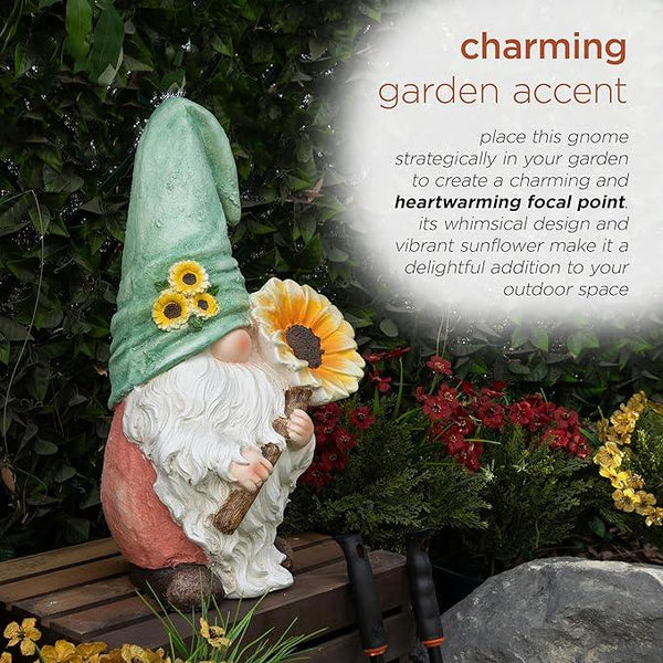 Alpine Corporation MCC842 Indoor/Outdoor Gnome Holding Sunflower Garden Statue, Charming Gnome Statue w/Hat, 21