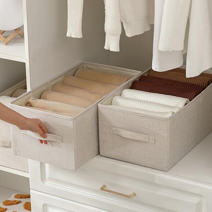 Linen Folding Storage Bins, 3 Pack Large Storage Baskets, Washable, Clothing Storage Bins with Handle, Closet Organizer for Storage Sweater,Sheets(Beige, 18½