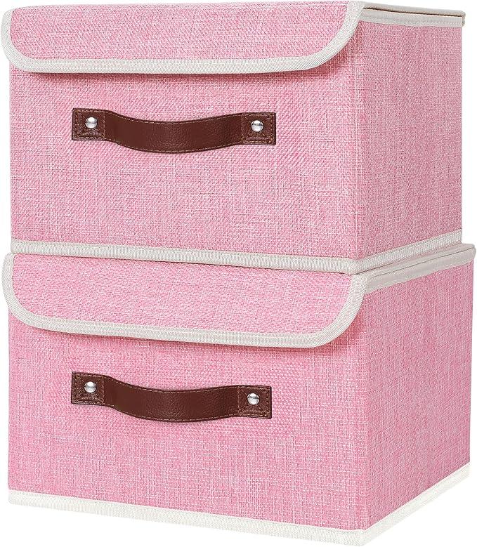 ANMINY 4PCS Storage Bins with Lid PU Leather Handles Storage Boxes PP Plastic Board Decorative Foldable Lidded Cotton Linen Fabric Home Cubes Baskets Closet Organizer Containers - Pink, Small Size