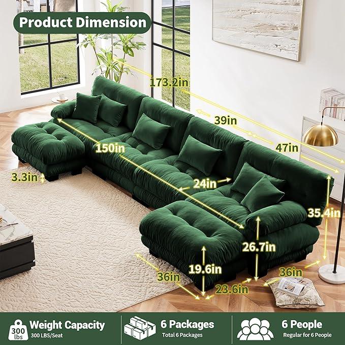 Modular Sectional Sofa, Comfy Cloud Couch 4 Seater Couch with Ottoman, Sectional Couches for Living Room, Modern Chenille U Shaped Couches, Sleeper Deep Seat Sofa with Throw Pillows, Green