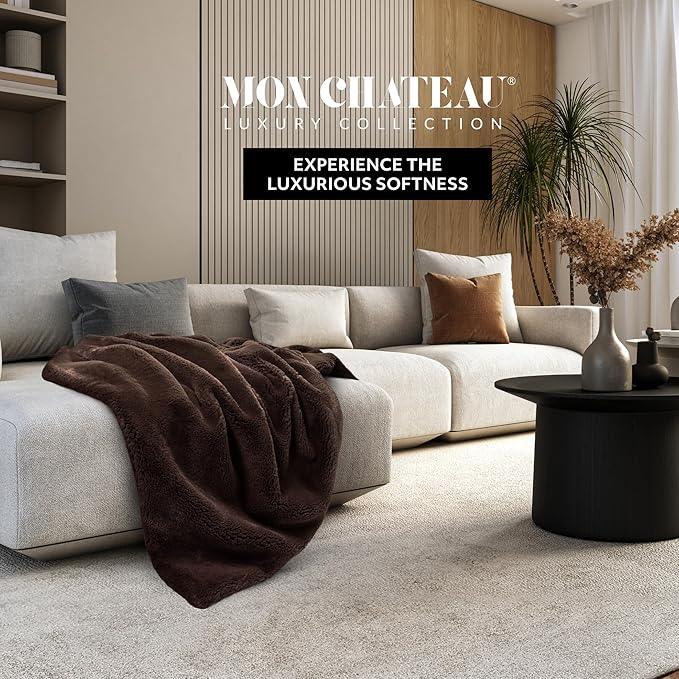 Mon Chateau Luxury Ultimate Plush Faux Fur Throw with 6cm Foldover for Couch, Sofa, or Bed - Plush Ultra Soft Blanket for Sleeping or Home Décor, 60