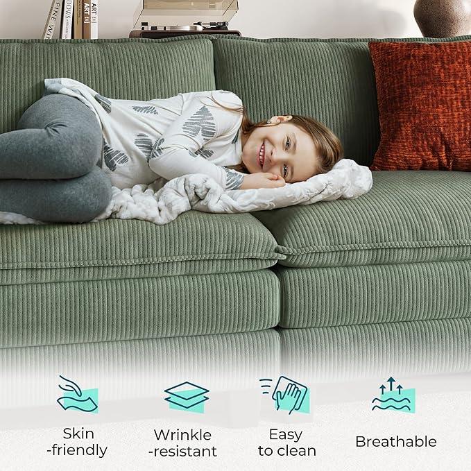 LINSY HOME Modular Sectional Sofa - 90'' Sleeper Sofa Cloud Couch Oversized Corduroy Sofa Bed with Movable Ottoman Soft Modern Comfy Couch for Living Room Apartment Office, Green