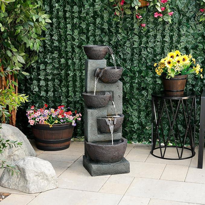 Alpine Corporation TZL390 Elegant Outdoor 5 Tier Bowls Waterfall Fountain with LED Lights for Garden, Patio, Yard, and Outdoor Spaces, Relaxing Cascading Fountain, 39
