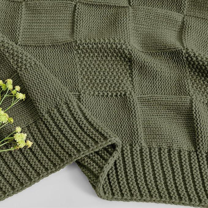 CozeCube Check Knit Throw Blanket, Olive Green Checkered Throw for Couch, Decorative Christmas Soft Cozy Warm Knitted Blanket for Bed Sofa Living Room, 50