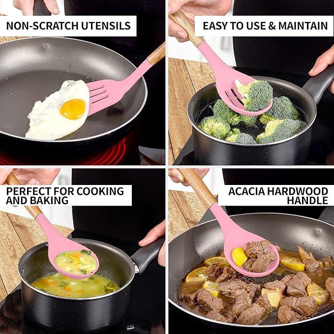 Zulay Kitchen Non-Stick Cooking Utensils Set with Authentic Acacia Wood Handles – 5-Piece Durable & Stylish Silicone Kitchen Utensils Set – Heat Resistant to 464°F – Pink
