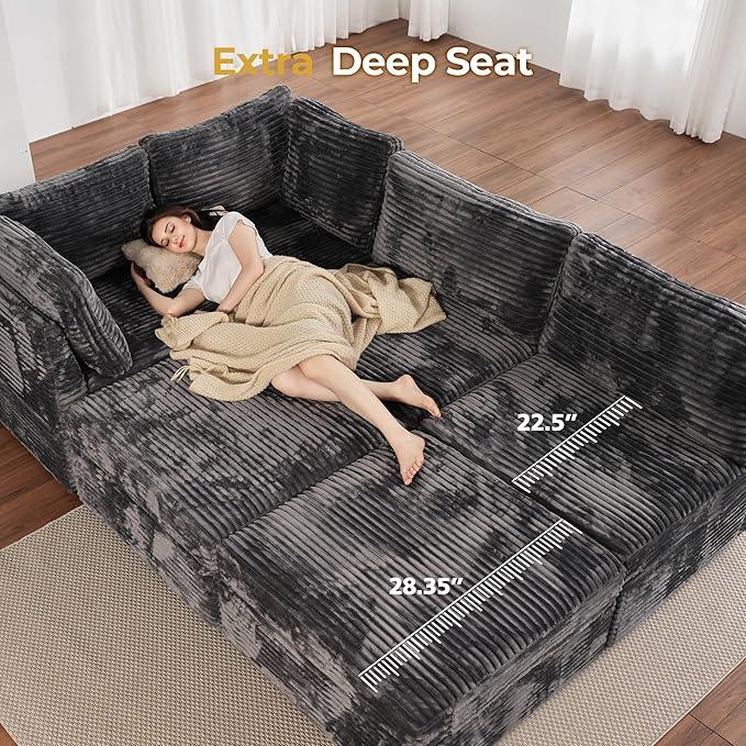 HOOOWOOO Modular Sectional Sofa,5 Pieces Sectional Couches for Living Room,98X66 L Shaped Cloud Couch with Ottoman Chaise Set(Grey Velvet Corduroy)