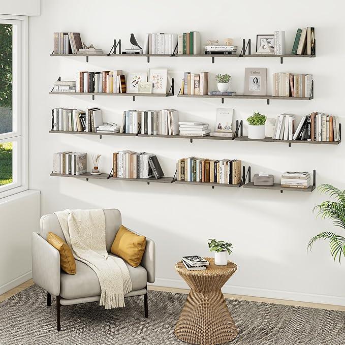 Heimlove 48 Inch Large Floating Bookshelves Set of 3,Wall Mounted Bookshelves,Heavy Duty Bracket Shelves for Living Room,Bedroom,Kitchen,Laundry Room Storage & Decor,Rustic Silver Grey