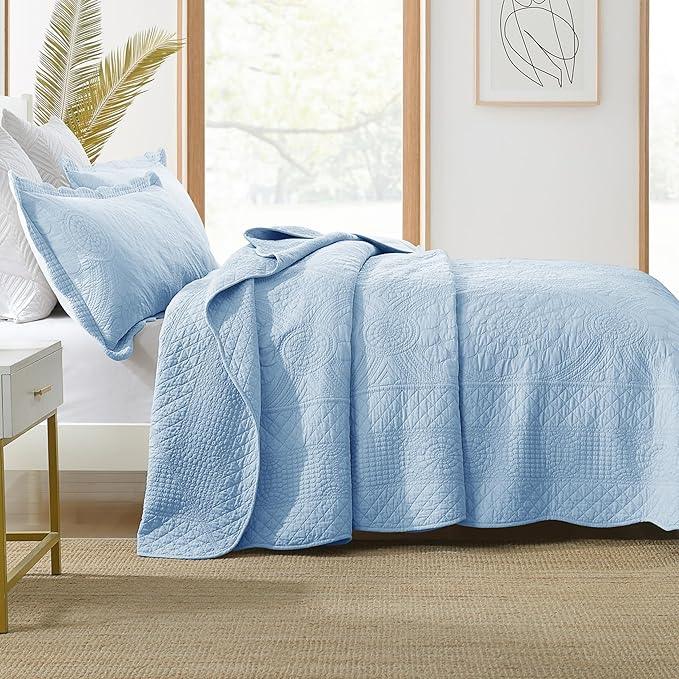MarCielo 3-Piece 100% Cotton Oversized Bedspread Lightweight Quilt Coverlet Embroidery Farmhouse Bedding Set (Tf Light Blue, Oversized Queen (100