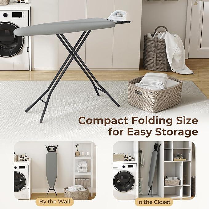 Yaheetech Foldable Ironing Board, Heavy Duty Iron Board with 9 Adjustable Heights, 4 Layer Cover and Safety Iron Rest, 52X14 Compact and Space Save Iron Board for Home Laundry Room Use, Gray