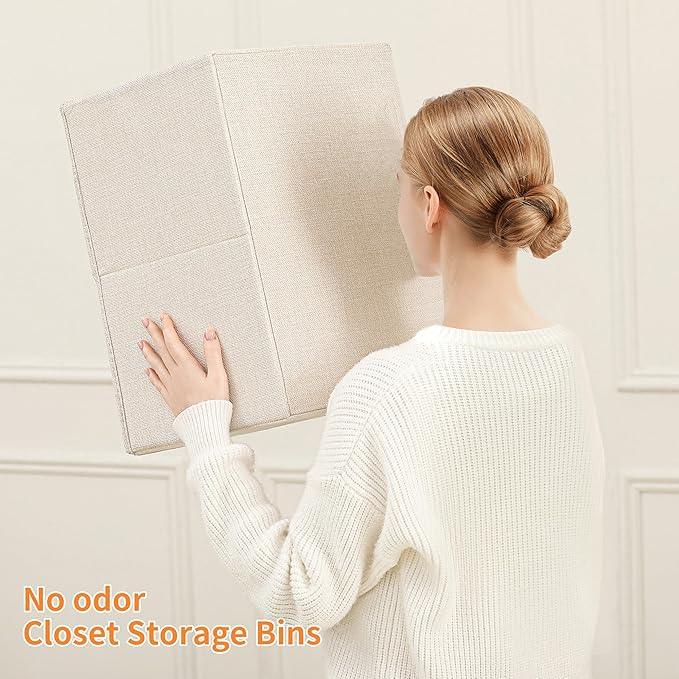 Linen Folding Storage Bins, 3 Pack Large Storage Baskets, Washable, Clothing Storage Bins with Handle, Closet Organizer for Storage Sweater,Sheets (Beige, 16