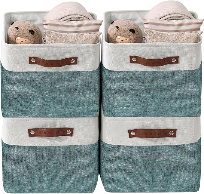 DECOMOMO Storage Bins Fabric Storage Baskets for Shelves, Linen Closet Organization Toys Nursery (Green and White, Large - 4 Pack)