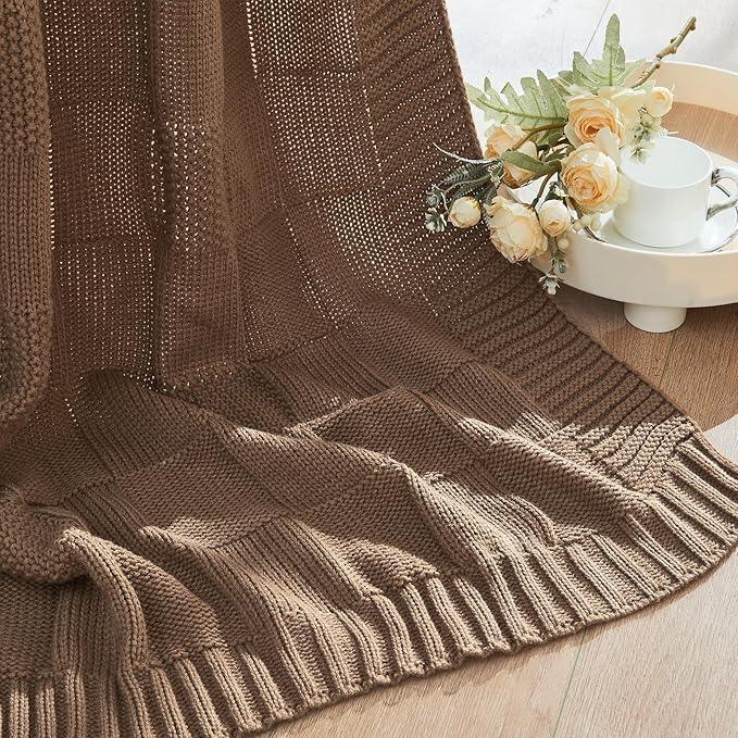 CozeCube Check Knit Throw Blanket, Light Brown Checkered Throw for Couch, Decorative Christmas Soft Cozy Warm Knitted Blanket for Bed Sofa Living Room, 50