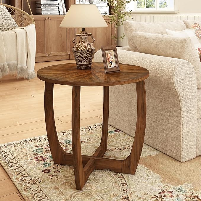 PADMA HOUSE Round Wood End Table with Curved Legs, Drum Circle Side Table with Snowflake Tabletop, Rounded Wooden Sofa Side Table, Brown Walnut Wood Tabletop & Legs 23.6