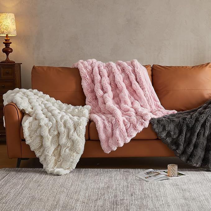 JELLYMONI Faux Fur Throw Blanket, White Fuzzy Cozy Plush Bubble Bed Blanket, Thick and Warm, Queen (90