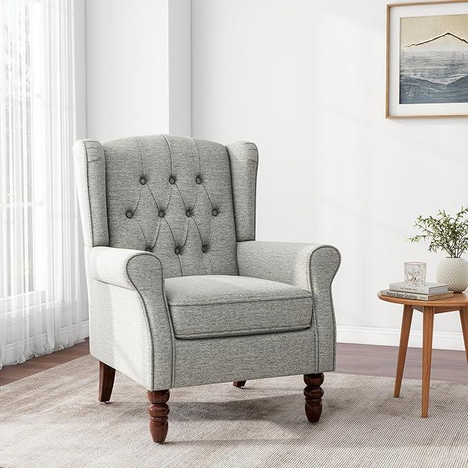Accent Chair, Upholstered Armchair with Button Tufted High Back & Solid Wood Legs, Comfy Wingback Reading Single Sofa Chair for Small Spaces, Living Room, Bedroom (Light Grey, Set of 1)