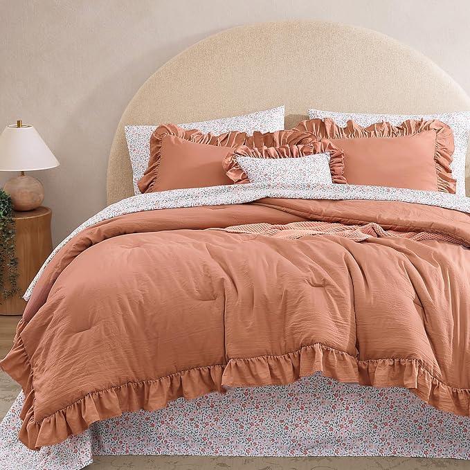 Queen Comforter Set - 7 Pieces Ruffle Autumn Leaf Bedding Sets, Shabby Chic Farmhouse Bed in a Bag Queen with Ruffle Comforter, Floral Sheets, Pillowcases & Shams