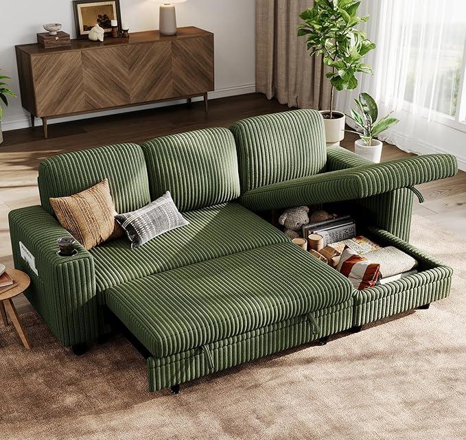 LINSY HOME Sectional Sleeper Sofa with Pull Out Couch Bed Convertible Plush Corduroy Cloud Couch with Storage Chaise & USB Charging, Comfy L Shaped Modular Couches for Living Room Apartment (Green)