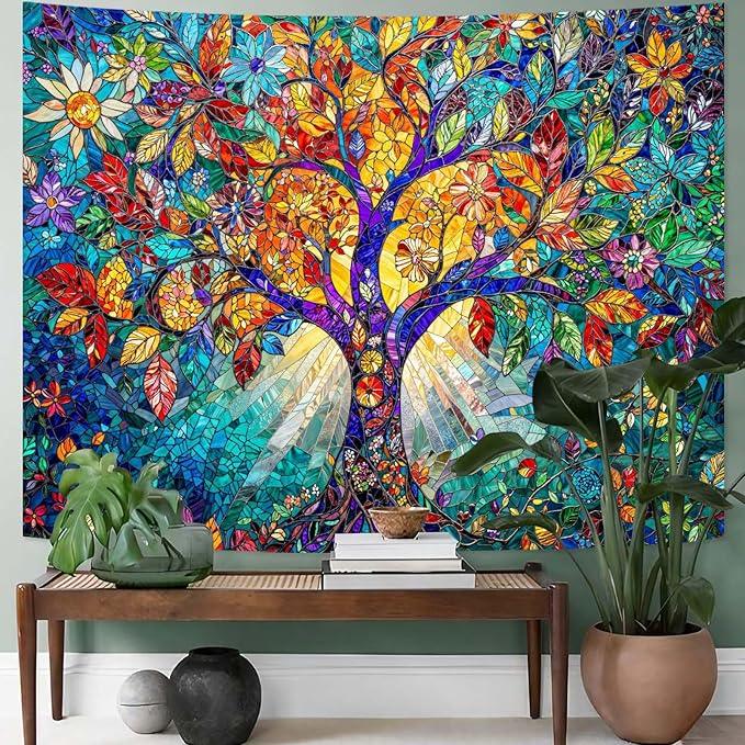 Lunerfex Tree of Life Tapestry Stained Glass Tapestry Wall Decor Tapestries for Bedroom Art Tapestries Wall Hanging for Bedroom Living Room Glass-Tree-02 60