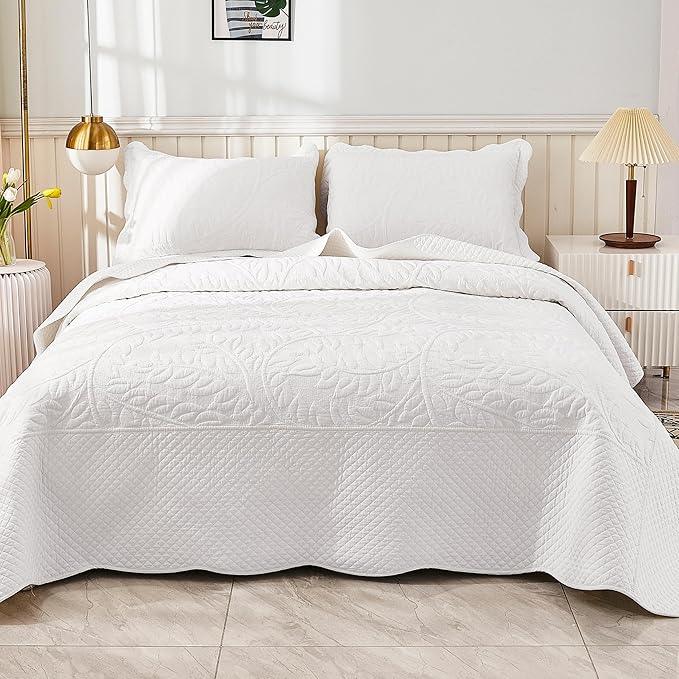 MarCielo 3-Piece 100% Cotton Oversized Bedspread Lightweight Quilt Coverlet Embroidery Farmhouse Bedding Set T0 (Bright White, Oversized Queen (100
