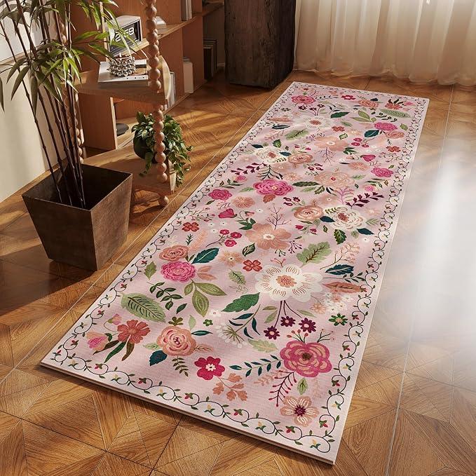 Runner Rug for Hallways Kitchen Rug Non Slip 2'x 6' Washable Rugs with Rubber Backing Soft Floral Carpet Runner for Hallways, Kitchen, Laundry, Bedroom, Bathroom(Pink)