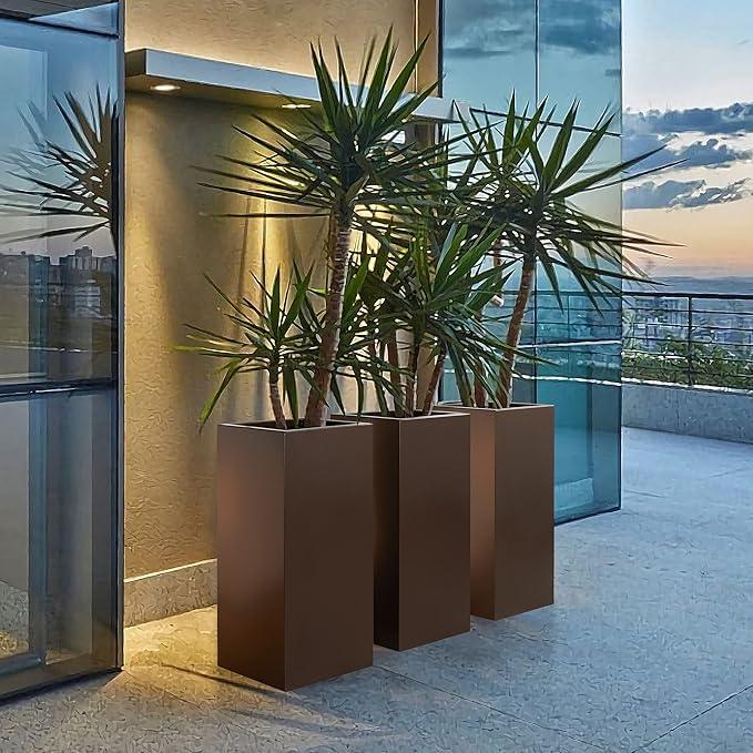 Metallic Heavy Tall Outdoor/Indoor Planter Box 14Lx14Wx30H Inches, Rectangular Tall Planter, Large Flowerpot, ‎25 Pounds, Espresso, No Assembly Required 1 Pack