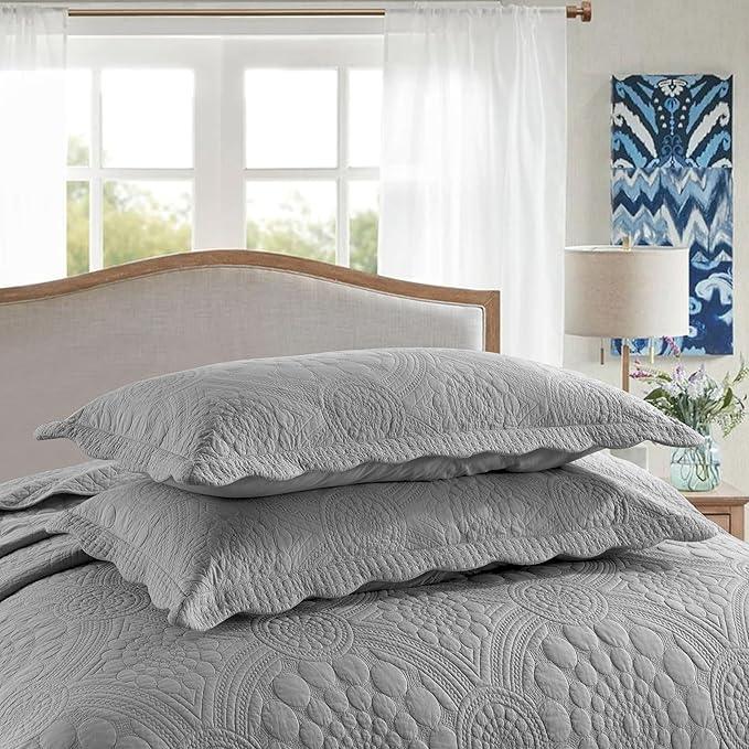 MarCielo 3-Piece 100% Cotton Oversized Bedspread Lightweight Quilt Coverlet Embroidery Farmhouse Bedding Set (Tf Light Grey, Oversized Queen (100