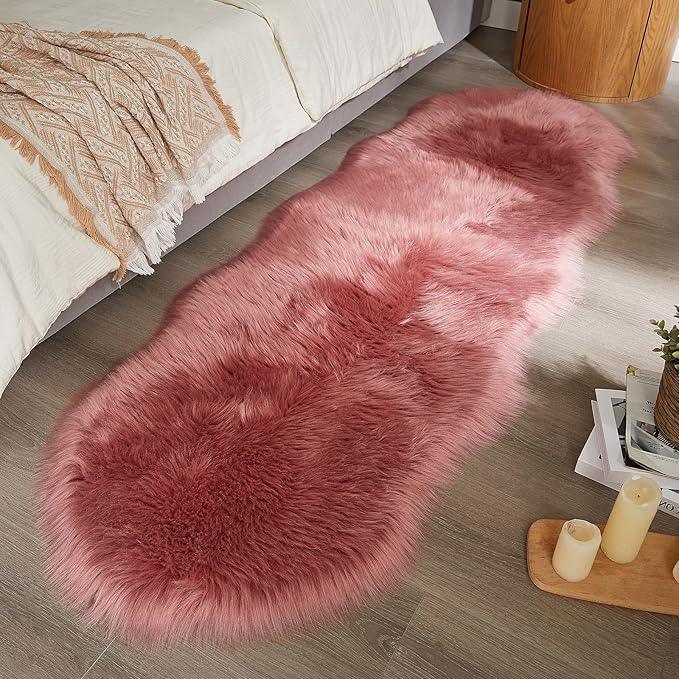 AMTOVO Faux Sheepskin Rug, Blush Pink Ultra Soft Fluffy Shag Area Rug, 2 x 6 ft Faux Fur Rug for Bedroom Sofa Throw Cushion Room Decor, Sheepskin
