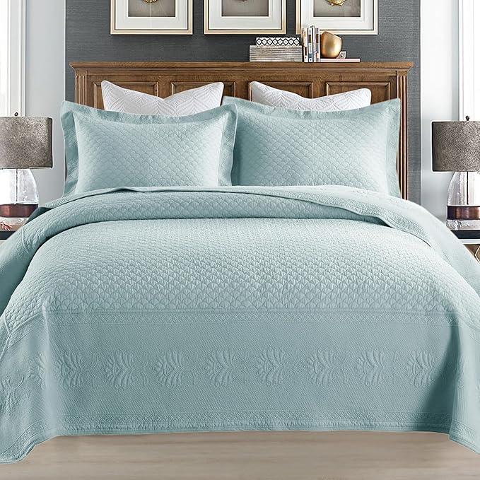 MarCielo 3-Piece 100% Cotton Oversized Bedspread Lightweight Quilt Coverlet Embroidery Farmhouse Bedding Set (TM Mint Green, Oversized Queen (100