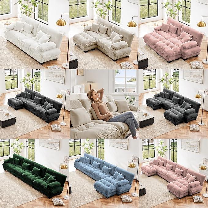 Modular Sectional Sofa, Comfy Cloud Couch 4 Seater Couch with Ottoman, Sectional Couches for Living Room, Modern Chenille L Shaped Couches, Sleeper Deep Seat Sofa with Throw Pillows, Green
