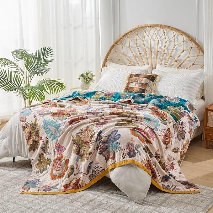 Boho Throw Blanket Reversible Muslin Bohemian Tapestry, Flower Decorated Bohemian Sofa Blanket, Lightweight Breathable 100% Cotton Throw Blanket, Chair Blanket, 50