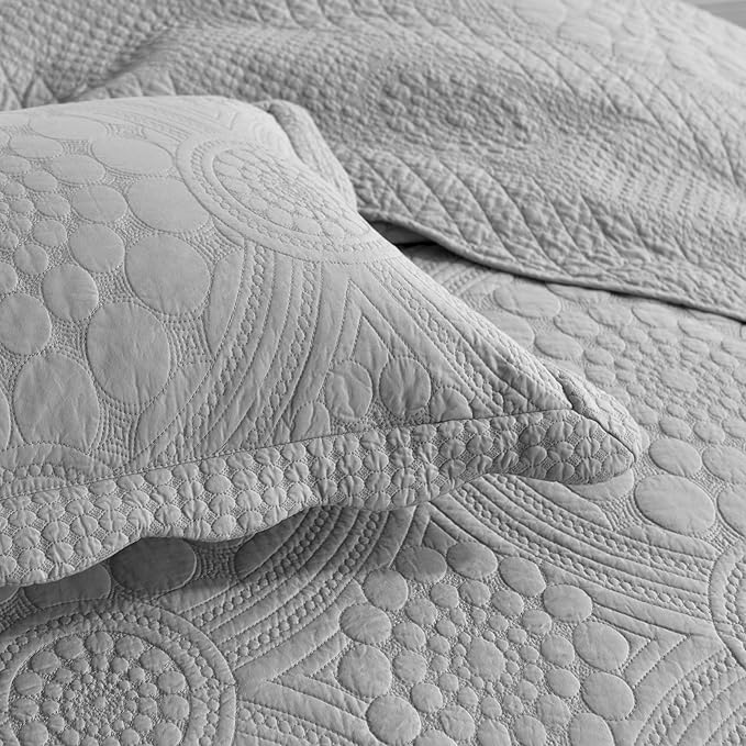 MarCielo 3-Piece 100% Cotton Oversized Bedspread Lightweight Quilt Coverlet Embroidery Farmhouse Bedding Set (Tf Light Grey, Oversized Queen (100