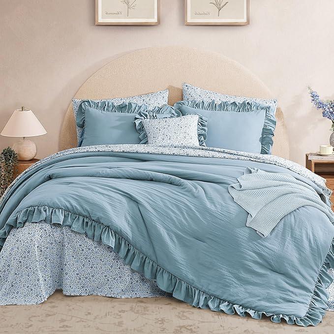 Queen Comforter Set - 7 Pieces Ruffle Blue Bedding Sets, Shabby Chic Farmhouse Bed in a Bag Queen with Ruffle Comforter, Floral Sheets, Pillowcases & Shams