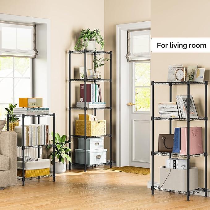 5 Tiers Shelf Metal Storage Shelves Wire Rack Closet Organizers with Wheel for Garage Kitchen Bathroom Laundry Black 11.8