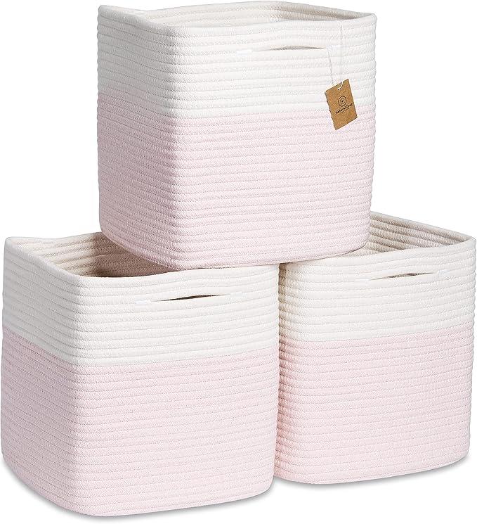 NaturalCozy Storage Cubes 11 Inch Cotton Rope Woven Baskets for Organizing, 3-Pack | Cube Storage Bin | Square Storage Baskets for Shelves Organizer, Classroom, Kids Toy Bins, Closet, Baby Nursery