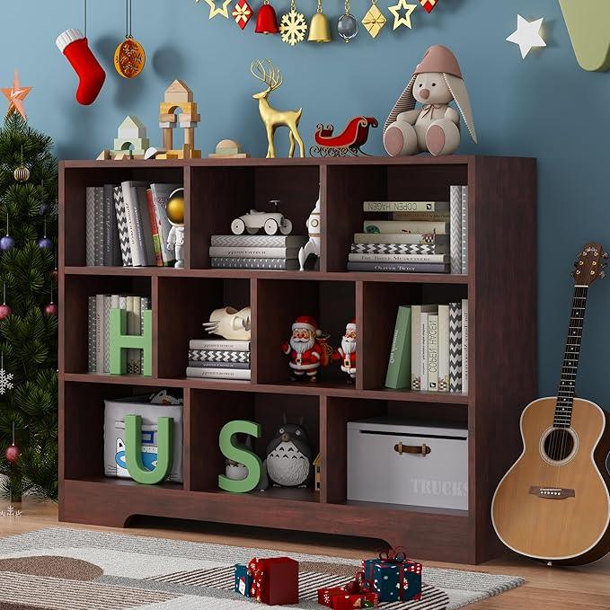 Book Shelf, 10 Cubes Storage Organizer, 3-Tier Open Shelf Wooden Bookcase, Freestanding Cherry Bookshelf Cube Shelf for Bedroom, Living Room, Home Office
