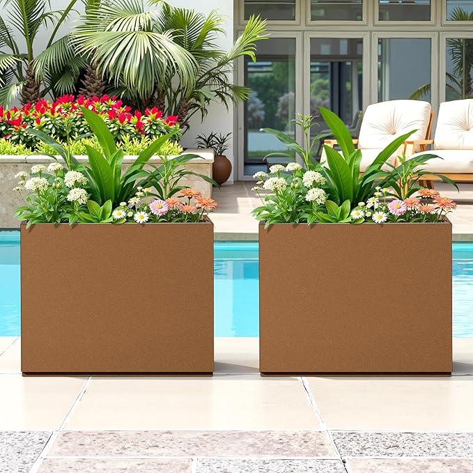 FENCY Metal Planter Box, Large Rectangular Planters for Outdoor Plants, Outdoor Tall Planters with Drainage Holes, Brown Metal Planters (30